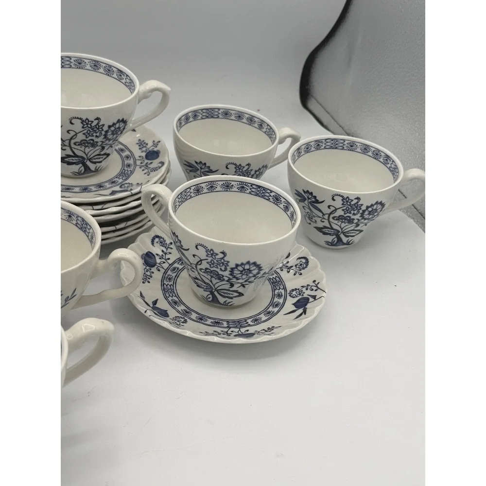 Vintage J&G Meakin Classic Blue Nordic Cup and Saucer Set of 8 English Ironstone